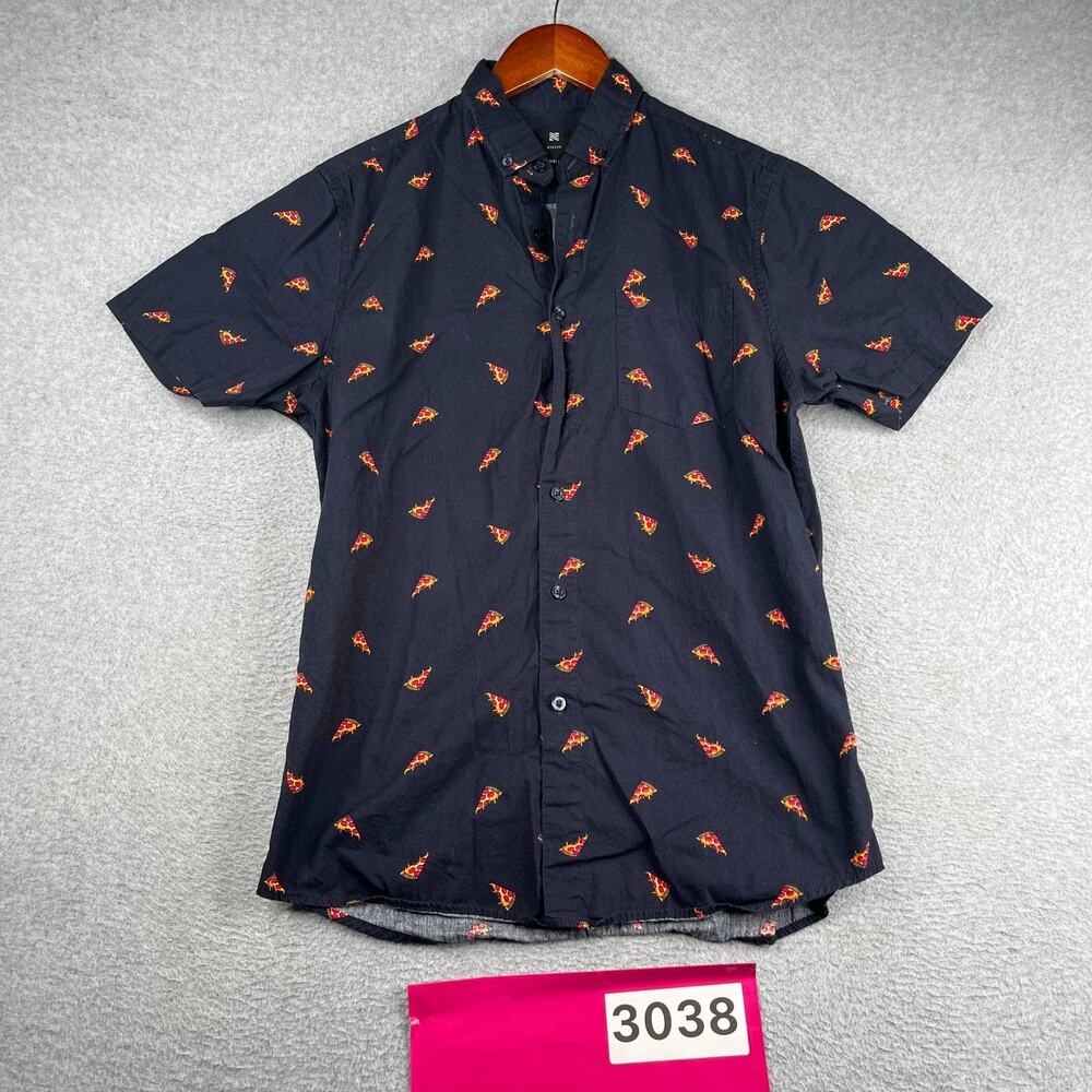 Visive Pizza Print All Over Shirt Navy Blue Button Up Short Sleeve Mens Small